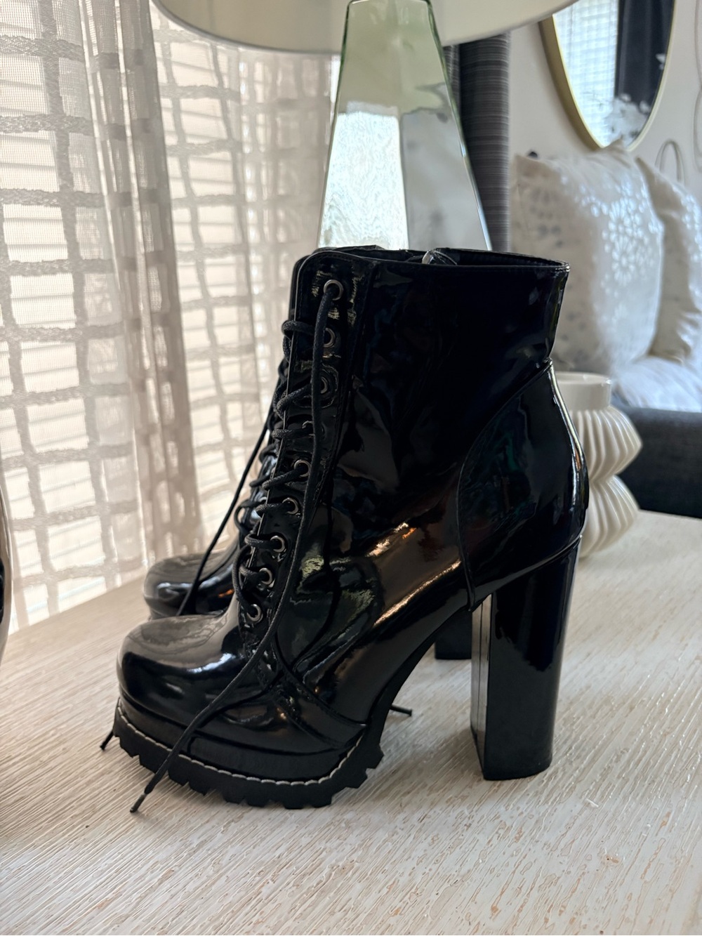 Fashion Nova Black Patent Leather High Heel Combat Boots Size 8.5